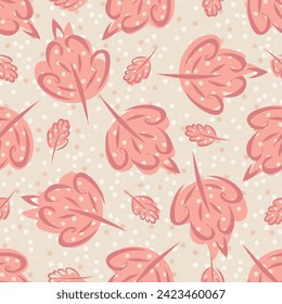 El pincel rosa de hoja traza un fondo de patrón vectorial sin fisuras. Hojas dibujadas a mano con puntos sobre fondo texturado de punto. Fondo botánico de la naturaleza en todo lo impreso para bebé, embalaje. Estilo ingenuo