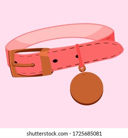 Pink leather dog collar with gold buckle and round badge. Isolated vector drawing