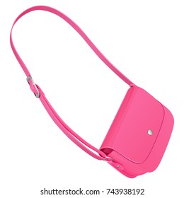 Pink leather handbag on a long strap with a buckle to wear on the shoulder. Vector drawing on white background.