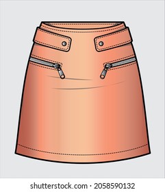 PINK LEATHER SKIRT WITH ZIPPER FOR WOMEN AND TEEN GIRLS IN VECTOR FILE