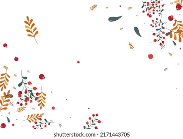 Pink Leaves Background White Vector. Herb Dry Illustration. Red Leaf Drawn. Floral Card. Rowan Object.