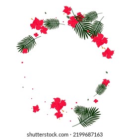 Pink Leaves Background White Vector. Tree Tribal Frame. Yellow Hibiscus. Beauty Texture. Green Botany Design.