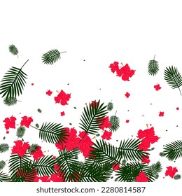 Pink Leaves Background White Vector. Plant Bright Pattern. Light Green Tree. Ornament Backdrop. Orange Vivid Texture.