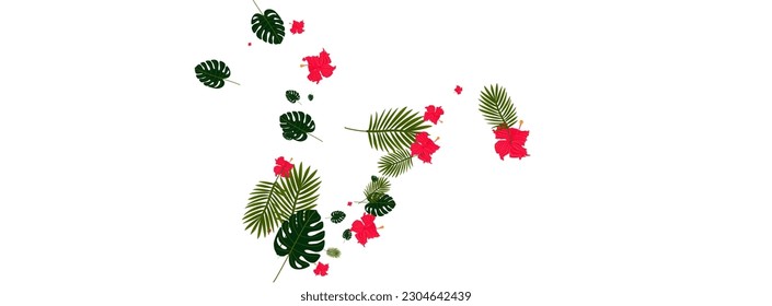 Pink Leaves Background White Vector. Hibiscus Painting Texture. Light Green Leaf. Print Pattern. Red Hawaiian Design.