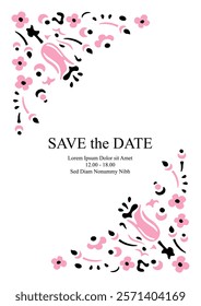 Pink leaves and flowers. Poster template. Elegant flowers, perfect for wedding invitations, Valentine's Day cards, and romantic designs. Vector illustration.