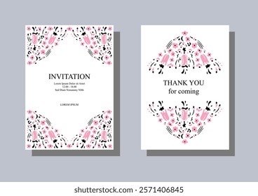 Pink leaves and flowers. Set of two posters. Elegant ornament, perfect for wedding invitations, Valentine's Day cards, and romantic designs. Vector illustration.