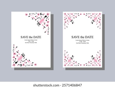 Pink leaves and flowers. Set of two posters. Elegant ornament, perfect for wedding invitations, Valentine's Day cards, and romantic designs. Vector illustration.