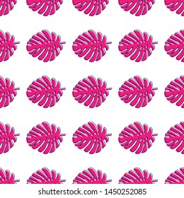 Pink leaves of the Monstera on a white background. Pattern of tropical plants. Suitable for background