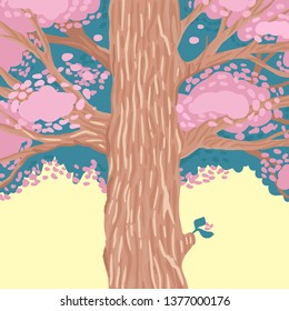 Pink leaves on the crown of a tree. Fairy tale forest, a magical cartoon plant. Cute design. Vector illustration of oak. Spring concept