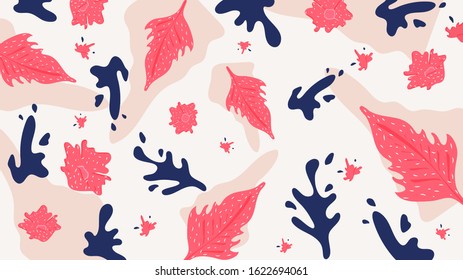 Pink leaves pattern with blue abstract paint stain seamless background.