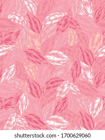 Pink leaves pattern on colorful background. Summer tropical design. Vector illustration isolated. Nature wallpaper. Beautiful fashion art. Decorative color art. Colorful abstract background.
