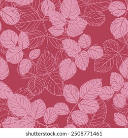 Folhas cor-de-rosa em um padrão sem costura em um fundo vermelho profundo, ilustração vetorial ideal para designs de tecido e papel.