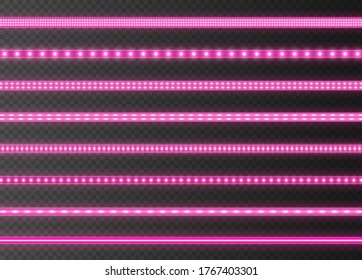 Pink LED strips collection, bright luminous ribbons isolated on a transparent background. Realistic neon lights, illuminated decoration tapes set. Vector illustration.