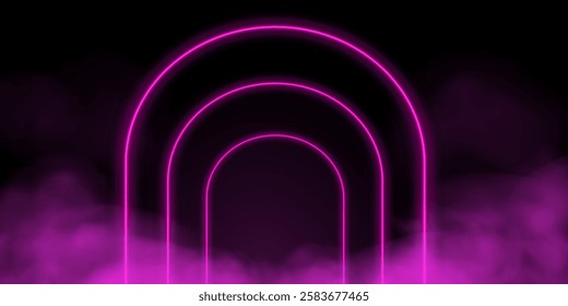 Pink LED tunnel in the form of an arch with smoke. 3D vector illustration isolated on a dark background.