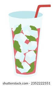 Pink Lemonade, Flat style Vector illustration. Summer Beverage. Flat vector illustration with syrup, straw, ice cubes, mint in Glass. Refreshing cold Fruit Drink. Graphic for Poster, Banner, Flyer.