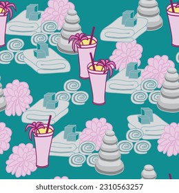 Pink lemonade with a pink flower, hot rocks, warm towels, a big puffy net sponge, and a lovely soap makes a relaxing seamless repeat pattern design. 