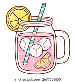 Pink lemonade in mason jar mug with drinking straw and lemon wedge. Refreshing summer drink vector clip art illustration, doodle style drawing.