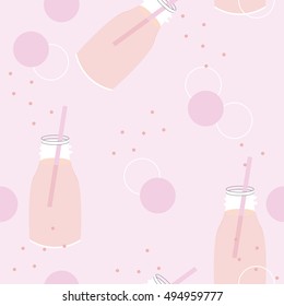 Pink Lemonade Milk Bottles and Pink Bubbles Seamless Pattern