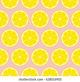 Pink Lemonade Seamless Vector Pattern Tile. Yellow Lemons Cut in Half into Round Slices Arranged on Pink Background. Lemonade Stand Picnic Party Decoration. Food Packaging Design. Swatch Included.