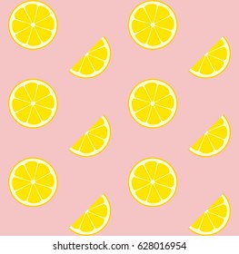 Pink Lemonade Seamless Vector Pattern Tile. Yellow Lemons Round Halves and Slices Arranged on Pink Background. Lemonade Stand Picnic Party Decoration. Food Packaging Design. Swatch Included.