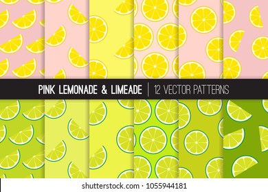 Pink Lemonade and Yellow Green Limeade Vector Patterns with Lemon and Lime Slices Randomly and Orderly Arranged on Pink and Yellow Green Background. Repeating Pattern Tile Swatches Included.