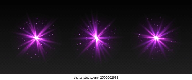 Pink lens flare, shiny star effect, glowing spark, magic twinkle, abstract galaxy gleam isolated on dark background. Vector illustration.