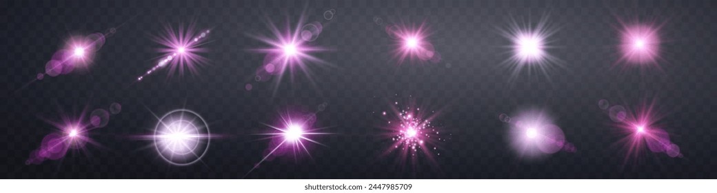 Pink lens flares set. Sun flash with rays or spotlight and bokeh. Isolated on transparent background. Glow flare light effect. Vector illustration.