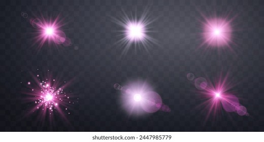 Juego de destellos de lente rosa. Destello solar con rayos o foco y bokeh. Aislado sobre fondo transparente. Efecto de luz de destello brillante. Ilustración vectorial.