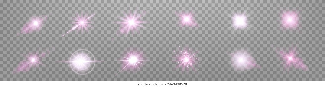 Pink lens flares set. Sun flash with rays or spotlight and bokeh. Glow flare light effect. Vector illustration. Isolated on transparent background. 