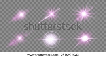 Pink lens flares set. Sun flash with rays or spotlight and bokeh. Isolated on transparent background. Pink glow flare light effect. Vector illustration.