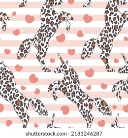 Pink leopard animal print unicorns pop art style girly seamless pattern background, wrapping paper, fabric and textile vector print with hearts and horizontal stripes