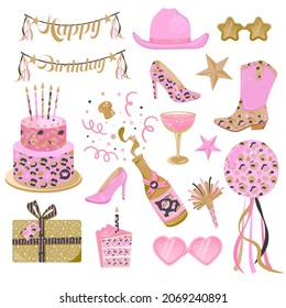 Pink leopard birthday celebration graphic element set isolated on white background. Glamour party clipart with cowboy boots, hat, high heels shoe, champagne, gift box, balloon and heart glasses.