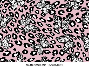 pink leopard and butterfly vector design hand drawn