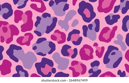 Pink leopard print pattern, pink and purple colors, seamless, flat illustration, simple shapes, simple lines, vector art style.