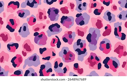 Pink leopard print pattern, pink and purple colors, seamless, flat illustration, simple shapes, simple lines, vector art style.