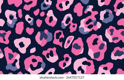 Pink leopard print seamless pattern, pink and dark blue color scheme, vector illustration
