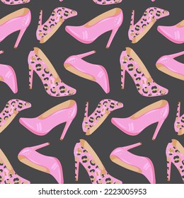 Pink and leopard texture high heel fashion shoes seamless pattern for fabric, stationery or print material.