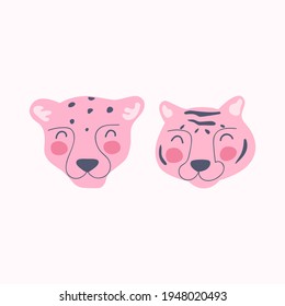 Pink Leopard And Tiger. Vector Illustration For Greeting Card, T Shirt, Print, Stickers, Posters Design.  