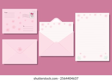 Pink letter to announce an important event. Vector illustration with an envelope, letterhead, flowers.