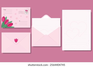 Pink letter to announce an important event. Vector illustration with an envelope, letterhead, flowers, tulips, hearts