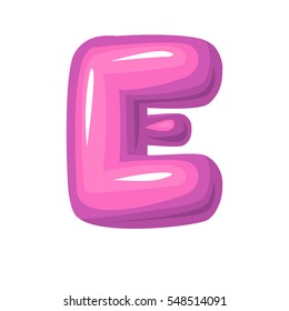  Pink letter E, bubble bold e , bubble gum letter , candy funny lettering.  Pink bulk letter e. Pink symbol on white, Bright shiny bulk e. Candy bubble gum letter girly children kids object