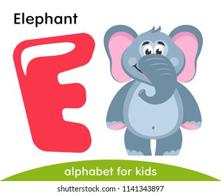 Pink letter E and gray Elephant. English alphabet with animals. Cartoon characters isolated on white background. Flat design. Zoo theme. Colorful vector illustration for kids.
