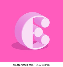 Pink letter E logo creative monogram 3d isometric shape, smooth rounded alphabet symbol, modern typographic design element.
