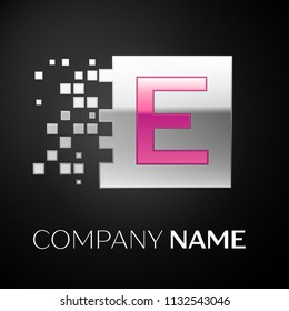 Pink Letter E logo symbol in the silver colorful square with shattered blocks on black background. Vector template for your design