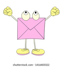 a pink letter with eyes shows a contented emotion, a cartoon drawing, an icon, a caricature.