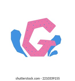 Pink letter G in cut out collage style. Hand drawing isolated vector illustration with herbs