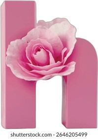 A pink letter H, designed with a three-dimensional effect, features a vibrant pink rose nestled within its open space, creating a visually appealing and floral representation of the letter.