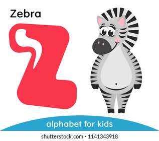 Pink letter Z and striped cute Zebra. English alphabet with animals. Cartoon characters isolated on white background. Flat design. Zoo theme. Colorful vector illustration for kids.