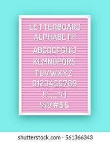 Pink letterboard with white plastic letters, numbers, symbols. Hipster vintage alphabeth 80x, 90x