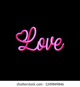 Pink lettering. Glossy blended inscription Love on dark background. Design element for Happy Valentine's Day. Ready for your design, greeting card, banner. Vector illustration.